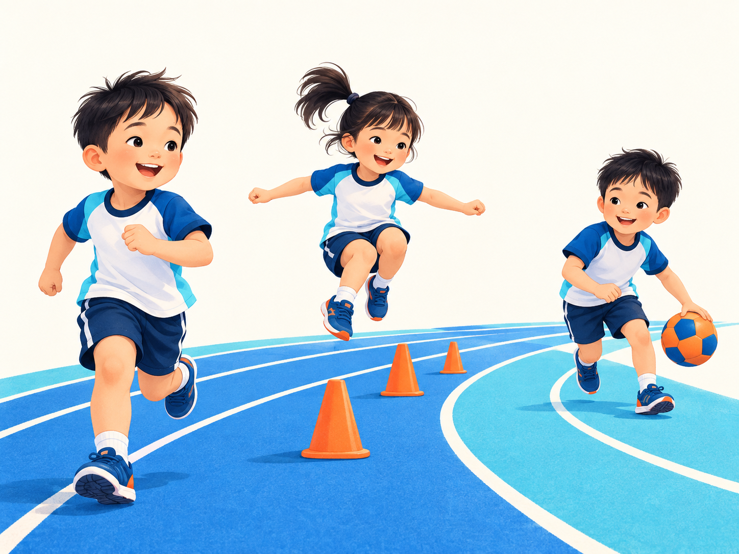 幼儿跑步、跨越障碍与玩球的运动场景插画